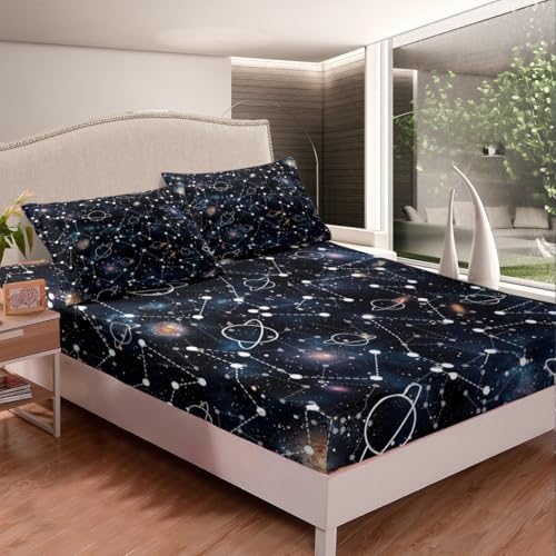Galaxy Bed Sheets Set King Constellation Sheet Set 4 Pcs Purple Universe Print Top Sheets For Kid Men Women + Deep Pocket Fitted Sheets + Starry Sky Flat Sheet + Decor 2 Pillow Cases Boys Girls - Image 3