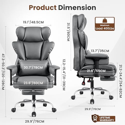 BESTFAIR Big & Tall Ergonomic Office Chair Reclining with Footrest, Gray | Heavy Duty Oversized Gaming Chair, Lumbar Support for Prolonged Sitting, 23.6" Padded Wide Seat, Adjustable Arms, PU Leather - Image 2
