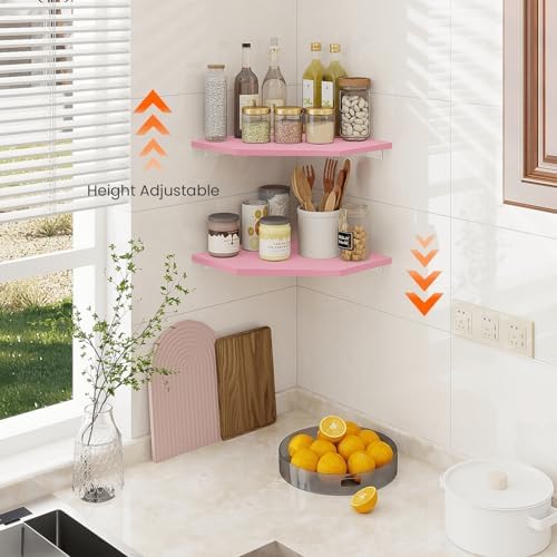 Homode Corner Floating Shelves, Corner Wall Shelf with Cord Hole, 2 Tier Wood Hanging Corner Shelf for Bathroom, Bedroom, Living Room, Pink - Image 3