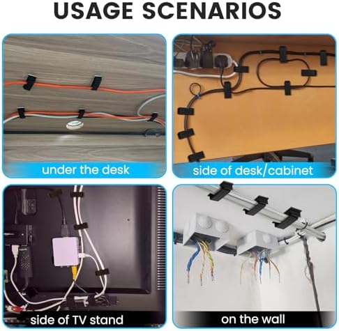 Adhesive Cable Management Clip (20Pcs Black),Cord Management Under Desk,Wire Organizer for TV PC Ethernet HDMI Extension Cord Power Plug - Image 3