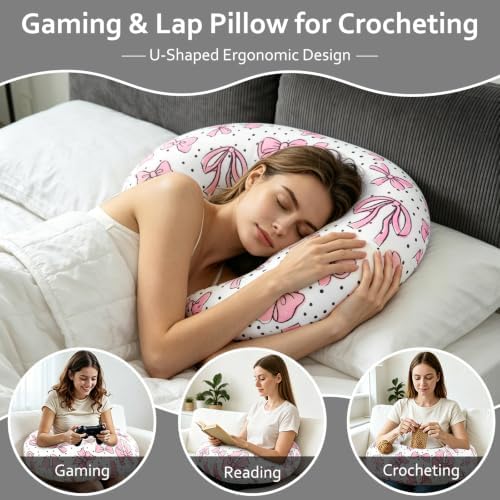 Ergonomic U-Shaped Gaming & Lap Pillow for Crocheting - Cute Pink Bow Crochet Pillow with Elbow & Arm Support, Lap Desk Pillows for Reading, Playing or Crocheting, Suitable for Adults - Image 7