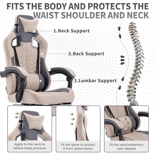 Leather Ergonomic Gaming Chair with Footrest, Comfy Grey Gaming Chair with Comfortable Headrest & Lumbar Support for Adults Kids Women Men Boys, 300 LBS Capacity (Grey) - Image 5