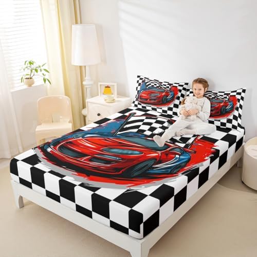 Racing Car Bedding Set Full Size, Cool Speed Race Car Bed Sheets for Kids Boys Teens Bedroom, Automobile Extreme Sport Sheet Set White Black Fitted Sheet Grid Buffalo Flat Sheet with 2 Pillow Cases - Image 7