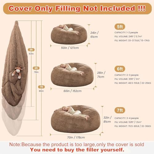 Big Bean Bag Cover Only, Washable Oversized Bean Bag Chairs Cover for Adults, Fluffy Plush Bean Bags Cover for Adults Teenagers Without Filler Included, 7FT, Khaki - Image 2