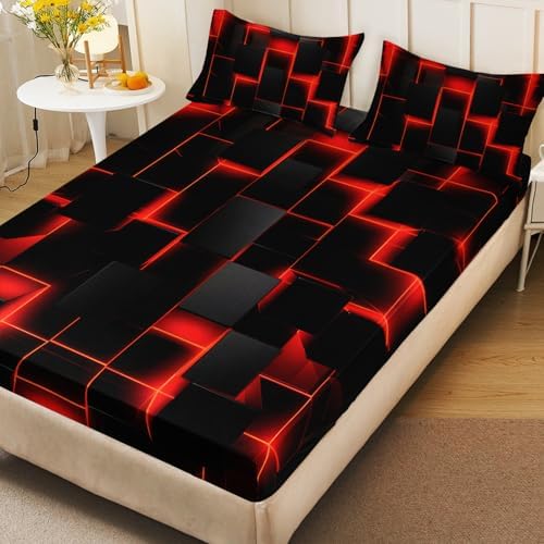 HOSIMA Red Black Geometric Queen Bedding Sets,1 Fitted Sheet+2 Pillowcases. - Image 4