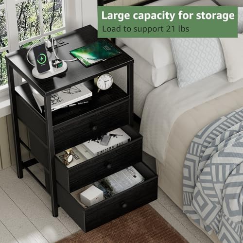 BOLUO Black Night Stand with 3 Fabric Drawers, Nightstand with Charging Station LED Nightstand for Bedroom, Bedside Table with USB Ports and Outlets Modern - Image 4