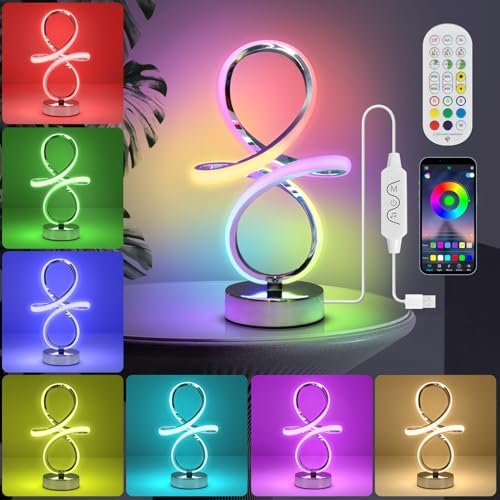Modern RGB Table Lamps, LED Spiral Table Lamp, Silver Bedside Lamp with Remote&APP, Multicolor Changing Nightstand Lamp with Music Rhythm Modes for Bedroom, Living Room, Gaming Room, Christmas Gifts by BuyNow%EF%BC%81