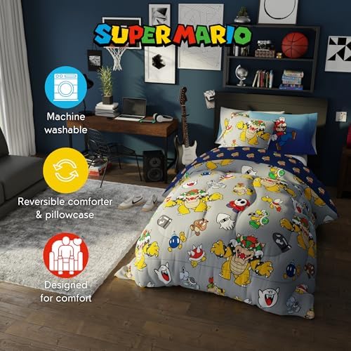 Nintendo Super Mario Bowser Bedding Set, Twin Size 5 Piece Set Kids Super Soft Cozy Reversible Comforter and Sheet Set with Sham, (100% Officially Licensed Product) by Franco - Image 3
