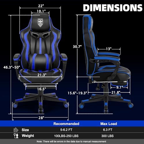 Vonesse Gaming Chairs for Adults, Gamer Chair with Footrest and Massage, Reclining Big and Tall Ergonomic Gaming Chair, Computer Chairs for Heavy People 300LBS (Blue/Black) - Image 3