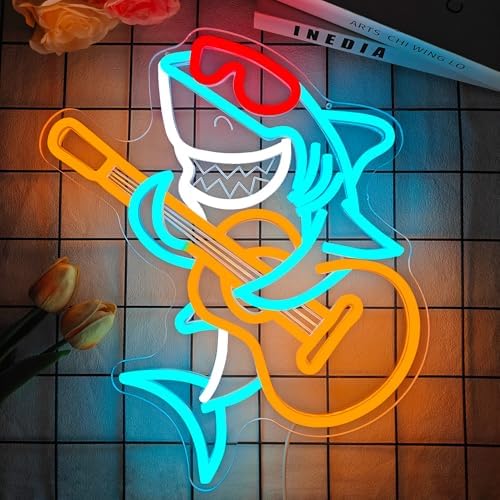 Shark Playing Guitar Neon Sign Dimmable Shark Neon Lights Guitar Led Light USB Sharks Live Music Light Up Sign Funny Led Wall Decor for Music Bar Shark Gift - Image 4