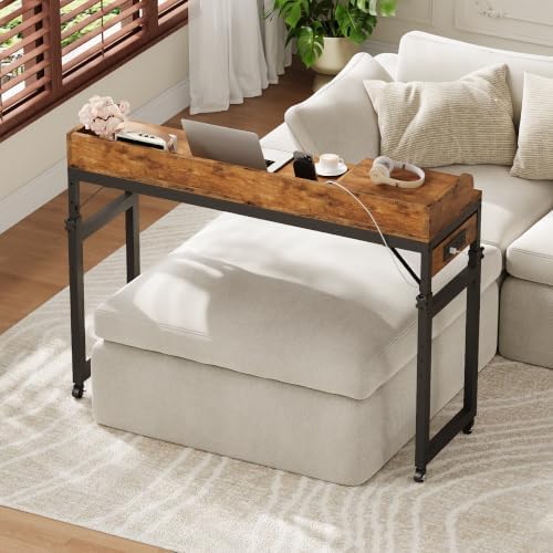 HOOBRO Overbed Table with Wheels, Rolling Table with Outlets & Light Strip for Twin Bed, Mobile Bed Desk & Drawer and Adjustable Height, Giant Computer Desk for Living Room, Rustic Brown BF125UDDN01 - Image 3