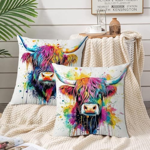 Highland Cow Pillow Cover 18x18 Inch Set of 4,Graffiti Western Farmhouse Cows Throw Pillow Cases,Watercolor Farm Animal Decor for Couch Sofa Country Cattle Cushion Covers Outdoor Bedroom Home Decor - Image 3