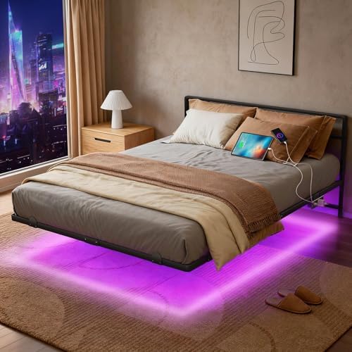 AGXI Queen Bed Frame with Headboard, 14 Inch Floating Bed with Smart LED Lights and USB Charging Station, Easy Assembly, No Box Spring Needed by AGXIspecializesinproducing