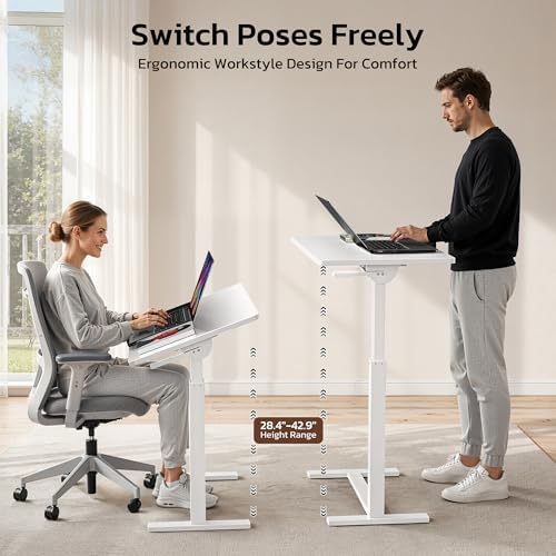 Mobile Standing Desk Adjustable Overbed Table, Pneumatic Height Adjustable Rolling Laptop Desk with Hidden Wheels, 0-180°Tilt Top Rolling Computer Cart Foldable for Home Office, Craft & Study, White - Image 5