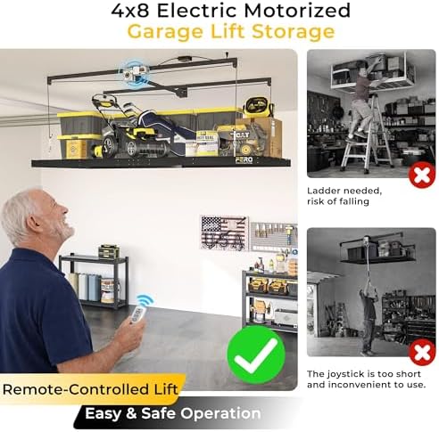 FERO Motorized Overhead Garage Storage Rack with Remote Control, Heavy-Duty Ceiling Mounted Organizer, 4x8 FT Ceiling Storage Lift System, Space-Saving Hanging Garage Shelves, 325 LBS Capacity - Image 7