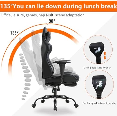 Gaming Chair, High Back PU Leather Gaming Chairs Computer Chair with Headrest & Lumbar Support, Height Adjustable Wide Seat Gaming Chairs for Adults, Game Chair with Footrest & Armrest - Image 4