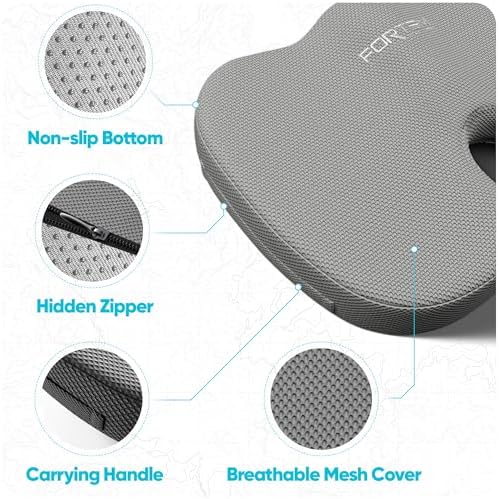 FORTEM Seat Cushion, Office Chair Cushion for Tailbone Sciatica Pain Relief | Memory Foam Pillow for Car | Ergonomic Design | Washable Cover | Non Slip | Grey - Image 5