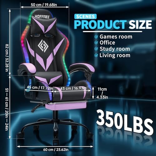 Gaming Chair with Bluetooth Speakers RGB LED Lights Computer Chair-Purple | Ergonomic Massage Game Chair with Footrest & Lumbar Support High Back Video Game Chair for Adults Racing Style - Image 2