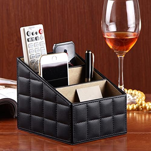Fashionable PU Leather TV Remote Control Holder with 3 Compartments, Storage Rack, Storage Box, Media Accessory Storage, Desk Organizers (Black Grid) - Image 6