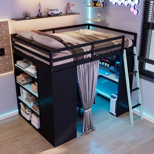 Merax Full Size Loft Bed with Desk and 6 Storage Shelves, Wardrobe, Blackout Curtain, Solid Wood Gaming Loft Bed Frame with USB Port & RGB Lights, No Box Spring Needed, Space-Saving, Black+Blue - Image 4