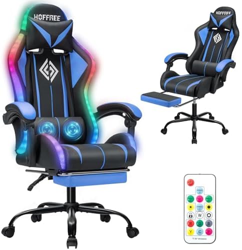 HOFFREE LED Gaming Chair with Massage RGB Lights Computer Game Chair-Blue | Ergonomic Reclining Gamer Chair with Footrest High Back Video Game Chair with Adjustable Lumbar Support Linkage Armrest by HOFFREEOfficial