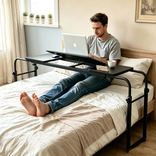 Overbed Bedside Table with Wheels Portable Rolling Laptop Desk Cart Computer Table Over The Bed Table Adjustable Height and Length with Tilt Stand Board for Bed Hospital Home and Office (Black-M) - Image 3