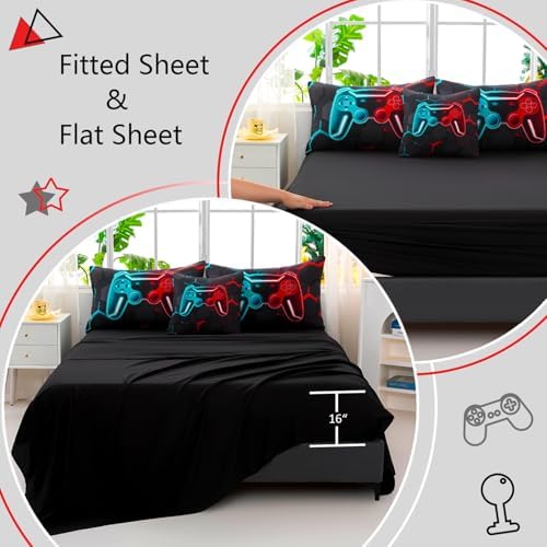 6 Pieces Gamer Bed in A Bag Full Size 3D Game Console Kids Bedding Set for Boys Teal and Blue Gaming Comforter Set with Sheets Gamepad Printed Teen Boy Bed Sets (Teal Red, Full) - Image 6