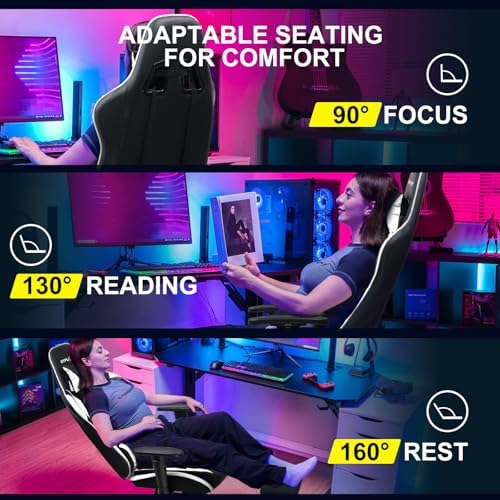 GTPLAYER Gaming Chair with Footrest, Ergonomic Computer Game Desk Chair, Reclining Game Chair Seat Height Adjustment, Swivel Rocker with Headrest and Lumbar (White) - Image 5
