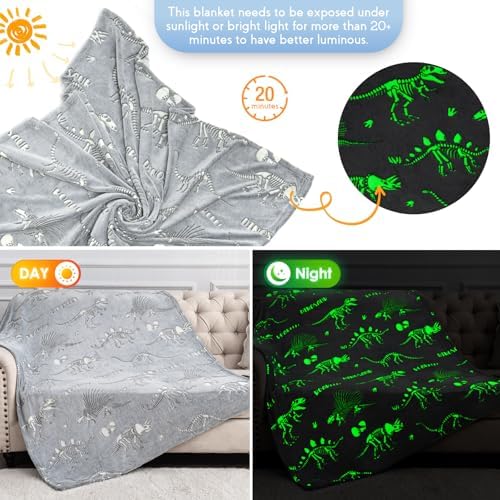 Dinosaur Gifts Toys for Kids Boys - Dino Glow in The Dark Blanket Christmas Birthday Valentines Easter Presents for Age 2 3 4 5 6 7 8 9 10 11 Years Old Teen Girls Toddler Children Throw Gray 50"x60" - Image 3