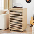 LEVNARY 5-Tier AV Media Cabinet with Grille Door & Adjustable Shelves, Modern Wooden Stereo Rack with Cable Management & Wheels, Audio Video Stand for Living Gaming Room Recording Studio (Natural) by LEVNARY