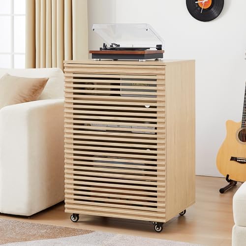 LEVNARY 5-Tier AV Media Cabinet with Grille Door & Adjustable Shelves, Modern Wooden Stereo Rack with Cable Management & Wheels, Audio Video Stand for Living Gaming Room Recording Studio (Natural) by LEVNARY