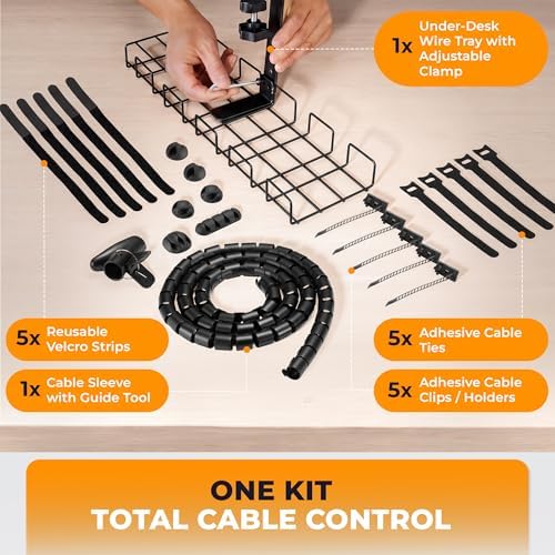 JANEX Under Desk Cable Management Tray Kit, No Drill Clamp-On Cable Organizer for Desk, Wire Cord Management Tray with Cable Sleeve, Cable Clips, Ties & Velcro Strips, Black - Image 4