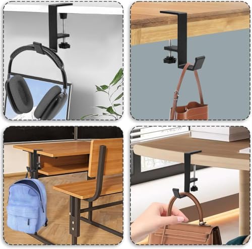 No Drill Under Desk Headphone Hanger, Clamp-On Desk Edge Hook for Headphones & Bags, Universal Desk Organizer Hook for Office, Home & School - Image 7