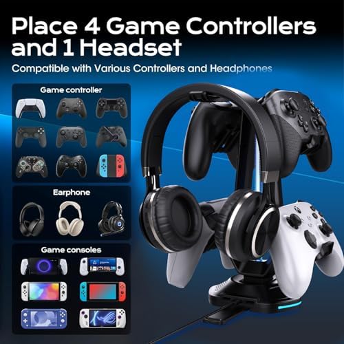 RGB Headset Stand with 9 Light Modes and 2 USB Charging Ports - Controller Holder for Desk - Headphone Stand & Detachable Controller Hook for PC Earphone Gaming Room Setup Accessories - Image 2