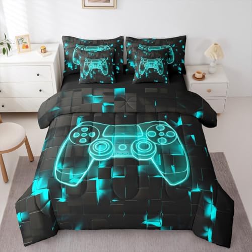Erosebridal Video Games Bedding Set Queen 7 Piece,Modern Gamer Comforter Set with Sheets | Gamepad Bed in A Bag for Kids Boys Teens Bedroom, Player Gaming Console Bed Sets, Teal Black by Erosebridal