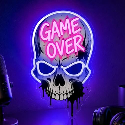 Game Over Skull Neon Sign LED Neon Light USB Dimmable Gaming Room Decor by Mvorixa