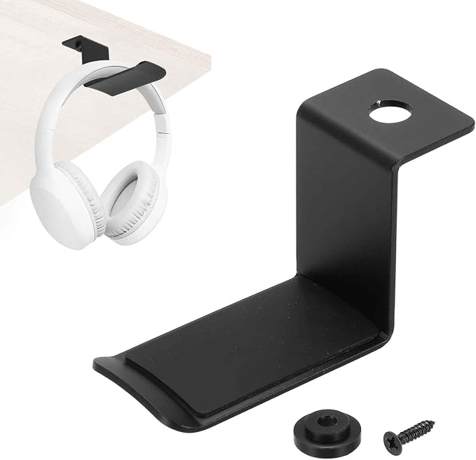 HARFINGTON Headphone Holder Stand Aluminum Headset Hook Headphone Clip Under Desk Hanger with Washer and Screws for Bedrooms Study Libraries Offices, Black by HARFINGTON