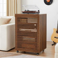 LEVNARY 5-Tier AV Media Cabinet with Grille Door & Adjustable Shelves, Modern Wooden Stereo Rack with Cable Management & Wheels, Audio Video Stand for Living Gaming Room Recording Studio (Walnut) by LEVNARY
