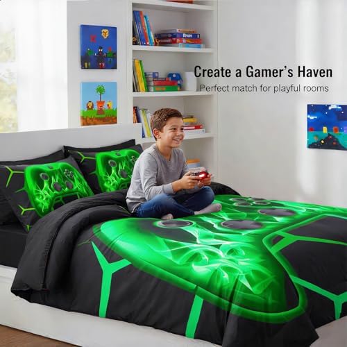 ZRNBAST Twin Size Bedding Set for Boys, 6 Pieces Green Gamer Comforter Set - Image 4