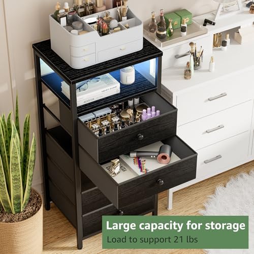BOLUO Black Dresser with 5 Drawers Tall Nightstand with Charging Station and LED Light, Bedside Table Room Storage Drawers Closet - Image 4