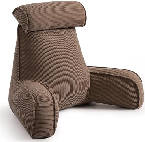 Reading Pillow for Sitting Up in Bed with Arms, Corduroy Back Support Cushion with Side Pockets & Washable Cover, Bed Rest Pillow for Sofa Reading, Relaxing & Watching TV, Chocolate by Ailuteie