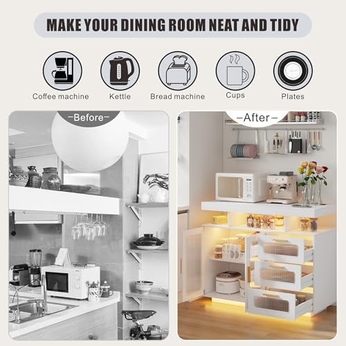 HWB Coffee Bar Cabinet with RGB Light & Charging Station, White - Image 6
