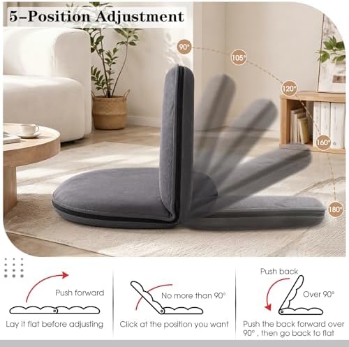 Xuhal Floor Chair with Back Support Adjustable 5 Foldable Position Floor Seat Thick Padded Tatami Seat Flexible Bleacher Recliner for Living Room Beach Bedroom Adults Meditation Reading Gaming (Grey) - Image 4