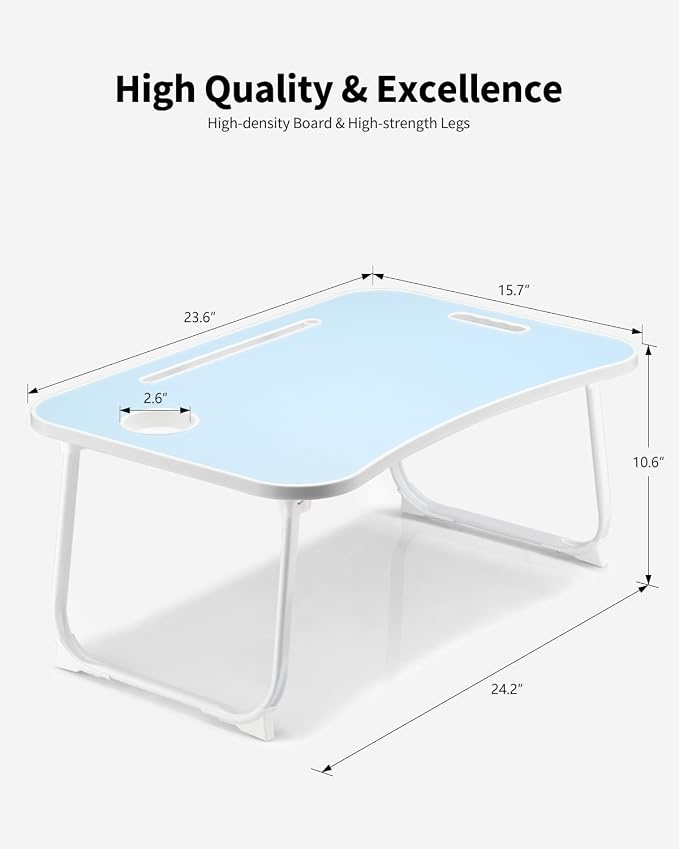 Foldable Lap Desk, Laptop Bed Desk, Portable Lap Table, Laptop Bed Table with Cup Holder & Tablet Slot & Lifting Handle for Working Writing Drawing & Eating - Blue - Image 4
