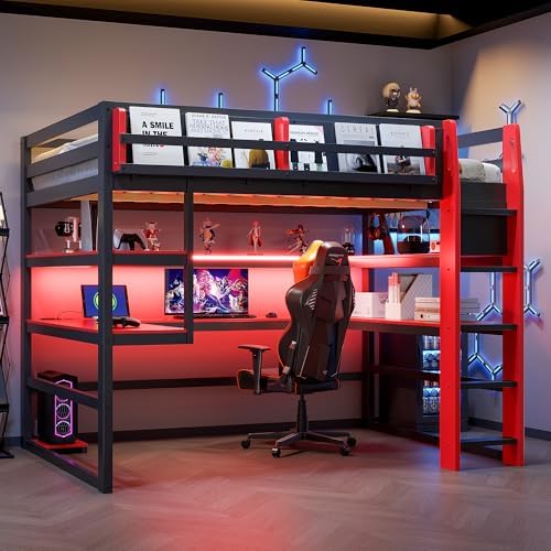 DNYN Gaming Loft Bed with Built-in Desk and Storage Shelves for Teens/Adults Bedroom, Space-Saving Full Size Wooden Bed Frame with LED & Side Race, No Box Spring Needed by DNYN