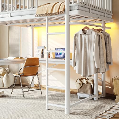Bellemave Full Metal Loft Bed with L-Shaped Desk,LED Lights and Charging Station,Heavy Duty Loft Bed Frame with Hanging Rod & CPU Tray for Kids Teens Adults,Space-Saving,White - Image 5