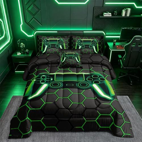 ROWADALO 6 Pieces Gaming Bedding Set for Boys Gamer Comforter Set Full Size,Video Game Comforter for Kids Adult 3D Gaming Geometric Microfiber Bedding Sets 6 Pieces Bed in A Bag Sets H50021,Full - Image 2