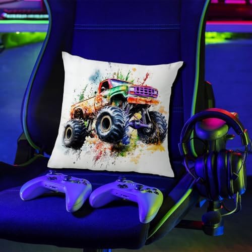 Boys Bedroom Cool Monster Truck Pillow Cover 18x18 Set of 4, Hot Wheel Vehicle Throw Pillow Cover Sofa Couch Bedding Decorative Soft Trucks Cushion Case Toddler Kids Playroom Cave Home Decoration - Image 4