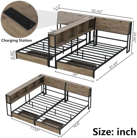 Gray Corner Bed with Drawers, Bookcase, Light & Charging Station, Twin/Twin - Image 2