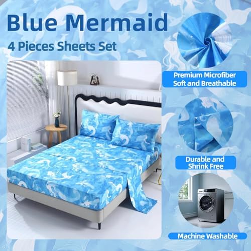 SDIII 4PCS Oil Painting Style Blue Mermaid Sheets Twin Set, Microfiber Princess Sheets Twin, Painterly Blue Mermaid Princess Bedding Sheet for Girls - Image 4